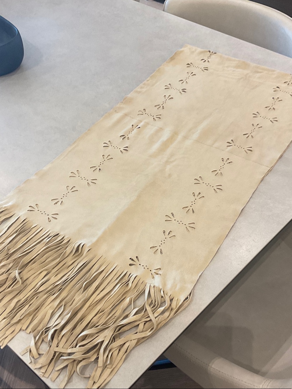 Fringed Cutout Suede Scarf - Beige